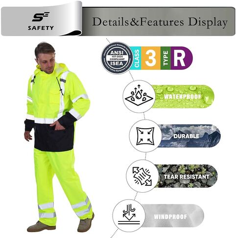 sesafety Hi Vis Rain Jacket, Class 3 High Visibility Rain Gear for Men, Rain Suits for Men Waterproof with Nterior Mesh, Zipper, Yellow (L/XL) in Saudi Arabia