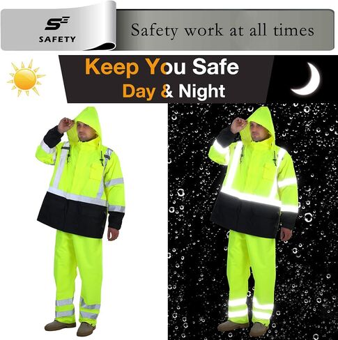 sesafety Hi Vis Rain Jacket, Class 3 High Visibility Rain Gear for Men, Rain Suits for Men Waterproof with Nterior Mesh, Zipper, Yellow (L/XL) in Saudi Arabia