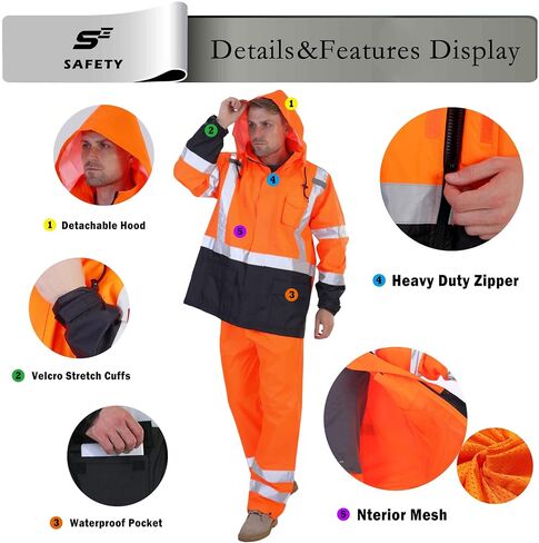 sesafety Hi Vis Rain Jacket, Class 3 High Visibility Rain Gear for Men, Rain Suits for Men Waterproof with Nterior Mesh, Zipper, Yellow (L/XL) in Saudi Arabia
