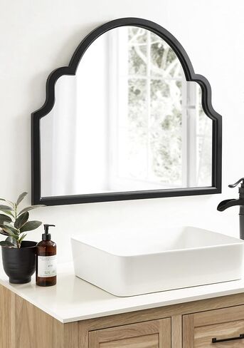 Kate and Laurel Hogan Wooden Arched Wall Mirror, 20 x 30, Rustic Brown, Vintage Farmhouse Moroccan Arch Wood Mirror with Unique Scalloped Corners and Modern Shape in Saudi Arabia
