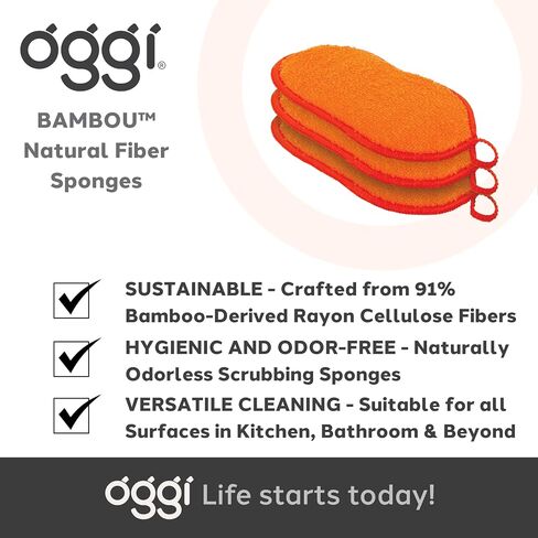 إسفنجات مطبخ خالية من الرائحة من الخيزران من أوجي - إسفنجات مطبخ طبيعية للأطباق، 91% ألياف رايون السليلوز المشتقة من الخيزران، قابلة لإعادة الاستخدام، ماصة، صحية، متينة، غير قابلة للخدش، قابلة للغسل - 3 قطع، 7 × 4 in Kuwait