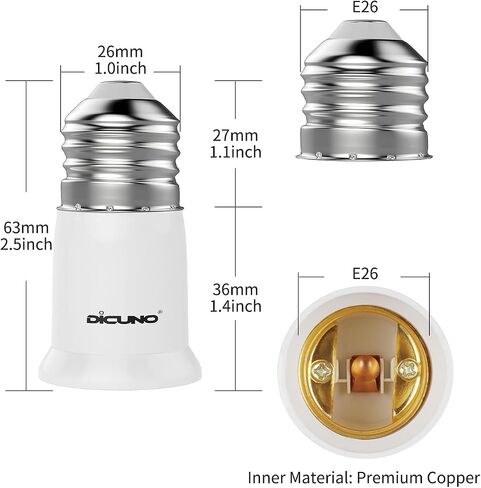 DiCUNO E26 to E26 Socket Extender-3CM/1.18 Inch Extension, 165℃ Heat-Resistant No Fire Hazard, Standard Medium E26 Light Bulb Socket Extension 6-Pack in Saudi Arabia