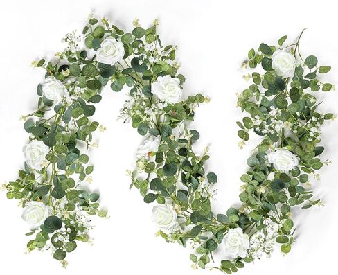 إكليل الأوكالبتوس الاصطناعي مع الزهور، إكليل أخضر بطول 6.5أقدام، إكليل ربيعي مزيف لطاولة الزفاف in Kuwait