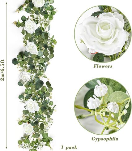 إكليل الأوكالبتوس الاصطناعي مع الزهور، إكليل أخضر بطول 6.5أقدام، إكليل ربيعي مزيف لطاولة الزفاف in Kuwait