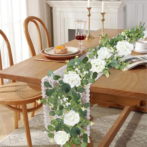 إكليل الأوكالبتوس الاصطناعي مع الزهور، إكليل أخضر بطول 6.5أقدام، إكليل ربيعي مزيف لطاولة الزفاف in Kuwait