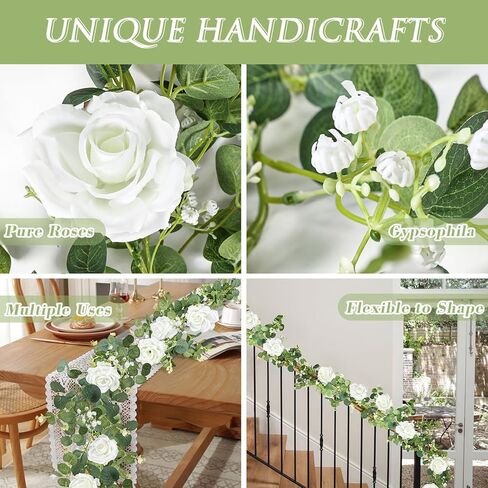 إكليل الأوكالبتوس الاصطناعي مع الزهور، إكليل أخضر بطول 6.5أقدام، إكليل ربيعي مزيف لطاولة الزفاف in Kuwait