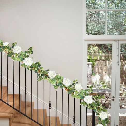 إكليل الأوكالبتوس الاصطناعي مع الزهور، إكليل أخضر بطول 6.5أقدام، إكليل ربيعي مزيف لطاولة الزفاف in Kuwait