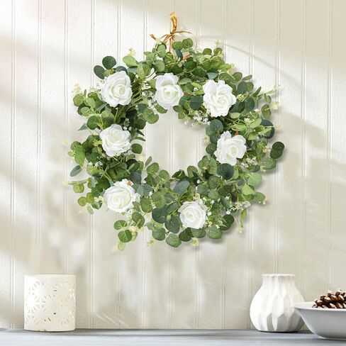 إكليل الأوكالبتوس الاصطناعي مع الزهور، إكليل أخضر بطول 6.5أقدام، إكليل ربيعي مزيف لطاولة الزفاف in Kuwait