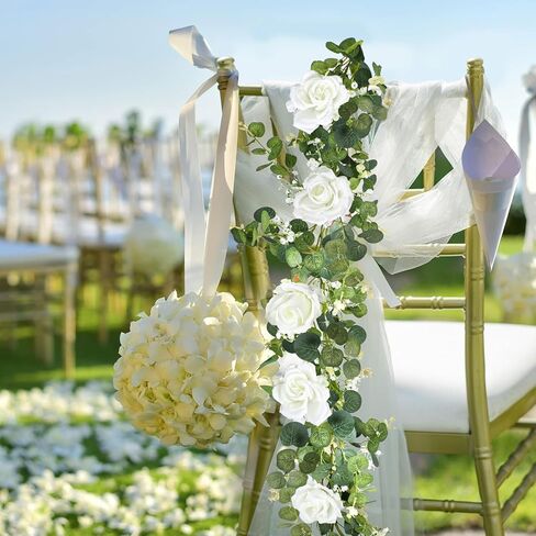 إكليل الأوكالبتوس الاصطناعي مع الزهور، إكليل أخضر بطول 6.5أقدام، إكليل ربيعي مزيف لطاولة الزفاف in Kuwait