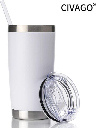 CIVAGO 20oz Tumbler with Lid and Straw, Stainless Steel Vacuum Insulated Coffee Tumbler Cup, Double Wall Powder Coated Travel Mug (White, 1 Pack) in Saudi Arabia