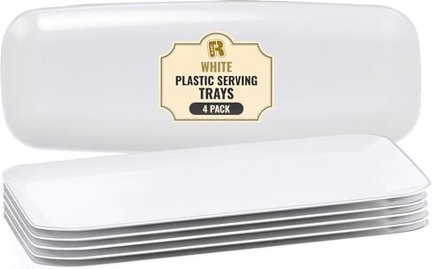 R-kay 4 Pack Plastic Serving Trays for Party - White Serving Tray 17 by 6.5 in - Heavy Duty Dessert Trays for Food - Rectangular Party Serving Trays - Premium Party Trays - White Platters in Saudi Arabia
