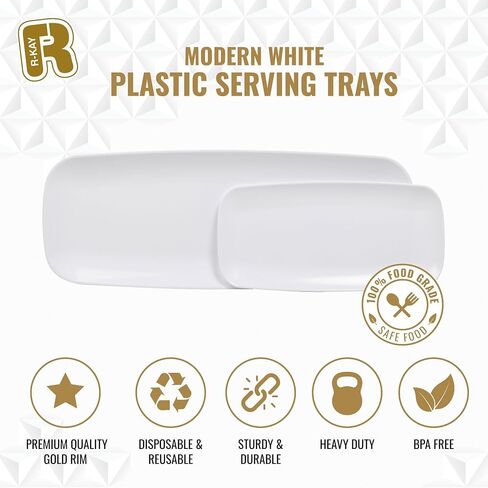 R-kay 4 Pack Plastic Serving Trays for Party - White Serving Tray 17 by 6.5 in - Heavy Duty Dessert Trays for Food - Rectangular Party Serving Trays - Premium Party Trays - White Platters in Saudi Arabia