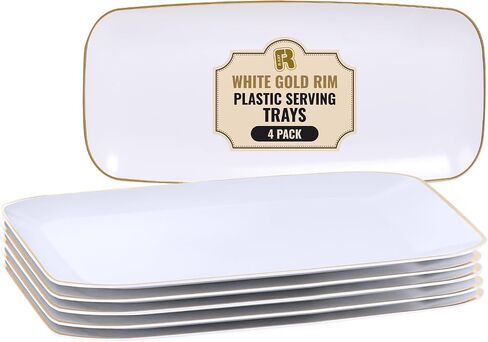 R-kay 4 Pack Plastic Serving Trays for Party - White Serving Tray 17 by 6.5 in - Heavy Duty Dessert Trays for Food - Rectangular Party Serving Trays - Premium Party Trays - White Platters in Saudi Arabia