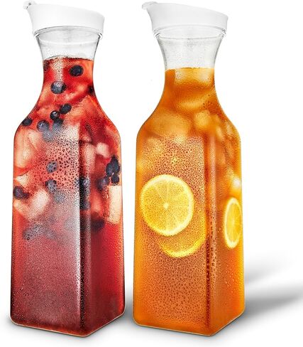 Plastic Juice Carafe with Lids (Set of 2) 50 oz Carafes for Mimosa Bar, Drink Pitcher with Lid, Water Bottle, Milk Container, Clear Beverage Containers for Fridge, Pantry Storage, Square Pitchers in Saudi Arabia