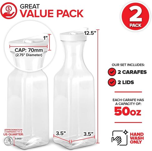 Plastic Juice Carafe with Lids (Set of 2) 50 oz Carafes for Mimosa Bar, Drink Pitcher with Lid, Water Bottle, Milk Container, Clear Beverage Containers for Fridge, Pantry Storage, Square Pitchers in Saudi Arabia