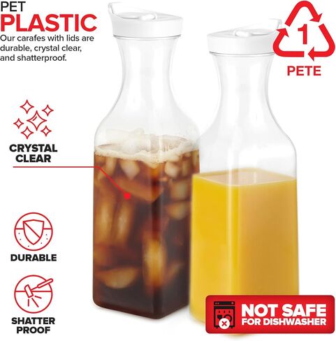 Plastic Juice Carafe with Lids (Set of 2) 50 oz Carafes for Mimosa Bar, Drink Pitcher with Lid, Water Bottle, Milk Container, Clear Beverage Containers for Fridge, Pantry Storage, Square Pitchers in Saudi Arabia