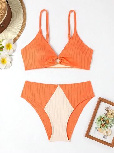 Milumia Girl's Two Piece Swimsuit Color Block Cut Out V Neck Bikini Set in Saudi Arabia