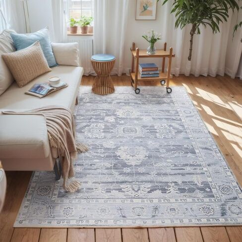 Poboton Vintage Area Rug 6x9 Blue Soft Oriental Rug for Bedroom Low-Pile Rug for Entryway Antique Non-Slip Rug for Living Room Washable Carpet for Kitchen Room Old-Fashioned Bedroom Rug in Saudi Arabia