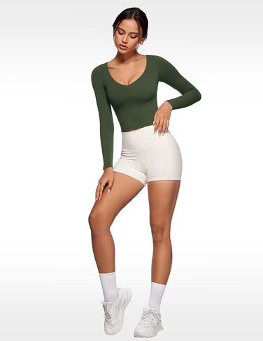 Womens V-Neck Long Sleeve Workout Crop Tops Slim Fit Padded Athletic Shirts Casual Yoga Gym Tops in Saudi Arabia