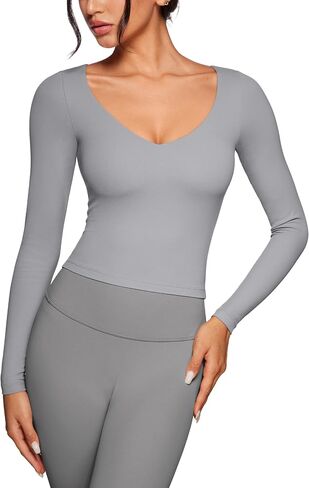 Womens V-Neck Long Sleeve Workout Crop Tops Slim Fit Padded Athletic Shirts Casual Yoga Gym Tops in Saudi Arabia
