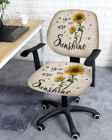 Computer Office Chair Cover - Sunshine Quotes Sunflowers and Bees,Split Protective Stretchable Desk Chair Seat Covers,Washable Universal Slipcover for Rotating Chair,Vintage Letter Texture in Saudi Arabia