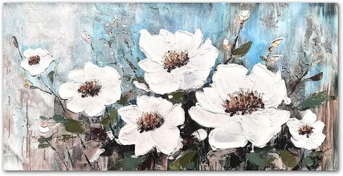 Elegant Floral Canvas Wall Art for Living Room White and Blue Flower Aesthetic Pictures Textured Painting Bedroom Wall Decor 40x20 Inches in Saudi Arabia