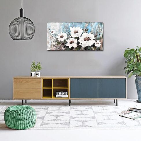 Elegant Floral Canvas Wall Art for Living Room White and Blue Flower Aesthetic Pictures Textured Painting Bedroom Wall Decor 40x20 Inches in Saudi Arabia