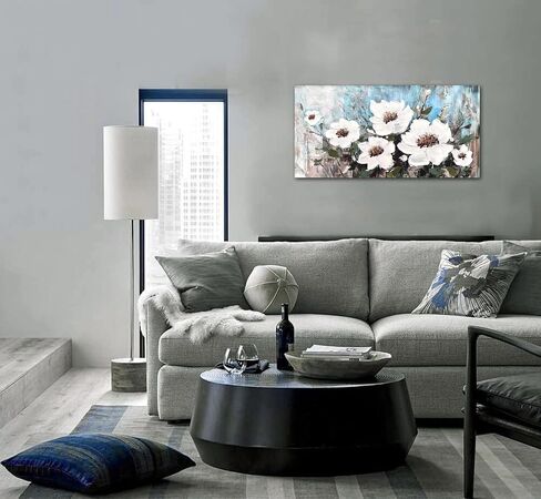 Elegant Floral Canvas Wall Art for Living Room White and Blue Flower Aesthetic Pictures Textured Painting Bedroom Wall Decor 40x20 Inches in Saudi Arabia