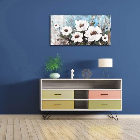 Elegant Floral Canvas Wall Art for Living Room White and Blue Flower Aesthetic Pictures Textured Painting Bedroom Wall Decor 40x20 Inches in Saudi Arabia