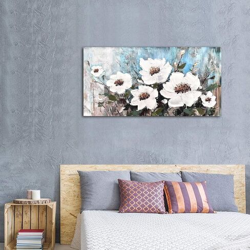 Elegant Floral Canvas Wall Art for Living Room White and Blue Flower Aesthetic Pictures Textured Painting Bedroom Wall Decor 40x20 Inches in Saudi Arabia
