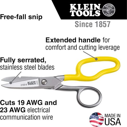 Klein Tools 2100-8 Scissors, Made in USA, Electrician Free Fall Snips, Stainless Steel Cut 19 and 23 AWG Electrical Communication Wire, Cable and Cordage in Kuwait