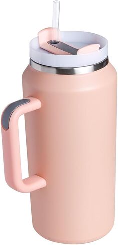 64 OZ Insulated Tumbler with Handle and Straw,Half Gallon Water Bottle Double Vacuum Stainless Steel Water jug for Men Women Fitness Sport Gym Outdoor Camping (Cream) in Saudi Arabia
