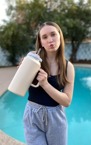 64 OZ Insulated Tumbler with Handle and Straw,Half Gallon Water Bottle Double Vacuum Stainless Steel Water jug for Men Women Fitness Sport Gym Outdoor Camping (Cream) in Saudi Arabia