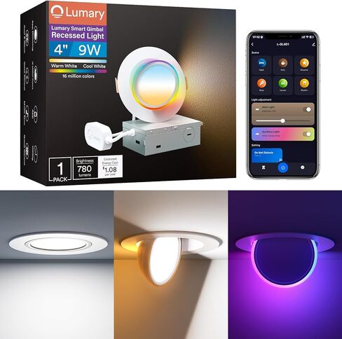 Lumary RGBAI Gimbal Smart Recessed Lighting 4 Inch Pro Max, 9W 780LM Eyeball Recessed Lights with Night Light, 270°+90° Adjustable Directional Downlights, Work with Alexa/Google Assistant, 1Pack in Kuwait
