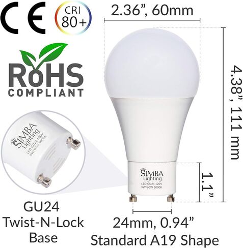 Simba Lighting LED GU24 A19 Light Bulb 9W 60W to 75W Replacement (4 Pack) 120V 2 Prong Twist and Lock Base for Ceiling Lights, Pendants, Outdoor Lanterns, Floor Lamps, Non-Dimmable, 5000K Daylight in Saudi Arabia