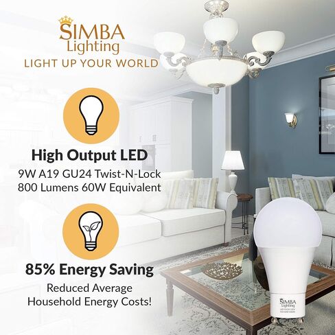 Simba Lighting LED GU24 A19 Light Bulb 9W 60W to 75W Replacement (4 Pack) 120V 2 Prong Twist and Lock Base for Ceiling Lights, Pendants, Outdoor Lanterns, Floor Lamps, Non-Dimmable, 5000K Daylight in Saudi Arabia