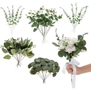 Cliselda Artificial Eucalyptus Leaves Stems 40 Pcs, 5 Kinds Mixed Fake Greenery Stems Bulk, Silver Dollar Eucalyptus Stems Bundle Faux Greenery Branches for Wedding Floral Arrangement Centerpiece