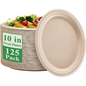 Vplus 100% Compostable Oval Paper Plates 10 inch 125 Pack Super Strong Disposable Paper Plates Natural Biodegradable Eco-Friendly Sugarcane Plates for BBQ, Party, Gathering, and Picnic