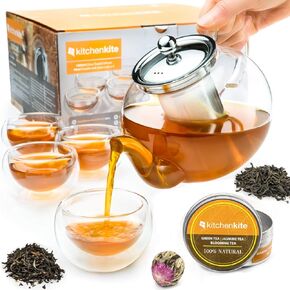 Glass Teapot Set with 4 Double Wall Teacups & Removable Stainless Steel Infuser - Microwave Dishwasher Safe Clear Blooming Loose Leaf Teas, Tea Maker Gift
