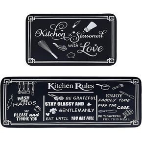 Black and White Kitchen Rugs,Non Skid Washable Microfiber mats for kitchen floor, Kitchen Rules Theme Kitchen Cushioned Runner Rug Decor Sets of 2,Size 17"x 47"+17"x 30"