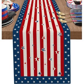 4th of July Table Runner Patriotic Stars Table Runners Independence Day Fireworks Cotton American Flag Linen Dresser Scarf Kitchen Dining Table Decor for Memorial Day Holiday Party 13x72 Inch