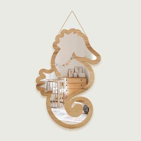 Cute Seahorse Patterned Silver Natural Wood Framed Acrylic to Hanging Wall Mirror Decorative Stickers Baby Kids Teen Room Nursery Bathroom Bedroom Livingroom Decoration