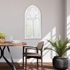Farmhouse White Arched Window Mirror 18 X 36 Inch, Hanging Distressed Finish Gothic Wooden Window Pane Mirror, Rustic Cathedral Window Mirrors for Wall Decor Living Room Hallway Entryway