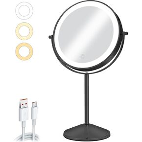 8" Vanity Mirror with Lights Rechargeable, 1X/10X Magnifying Mirror with Light Double Sided Touch Screen 3 Colors 54 LED Lights Brightness Adjustable 360° Rotation for Bedrooms