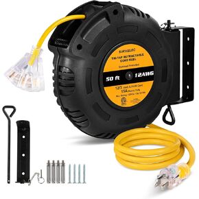 SURAIELEC 12 Gauge Retractable Extension Cord Reel, 50 FT 12 AWG/3C SJTOW Heavy Duty Power Cord, 3 Outlets Triple Tap, 15 AMP Circuit Breaker, Ceiling/Wall Mount, ETL Listed
