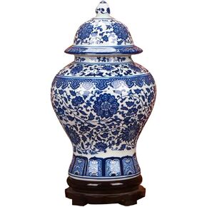 Jingdezhen Classic Blue and White Porcelain Floral Temple Ginger Jar Vase, China Ming Style,Height 15inch(38cm),Blue,white
