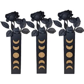 3 Pcs Black Wooden Wall Flower Planter for Gothic Home Decor - Dark Boho Wall Vase Goth Decor with Etched Sun Moon Phases (No Black Rose)
