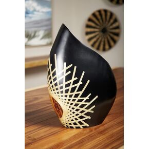 Deco 79 45170 Black Glazed & Bamboo Inlay Banana Wood Vase w/Exposed Bark Detail, Large 11.5" x 17", Medium