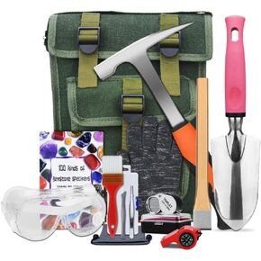 14 PCS Geology Rock Pick Hammer Kit, Gold Mining & Prospecting Equipment Tool, Musette Bag, 22oz Hammer & Digging Chisels, Shovel, magnifying glass, Whistle, goggles