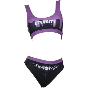 MEOWCOS Women's Bikini Sets Gothic Two Piece Bathing suit Black and Purple Top Shorts